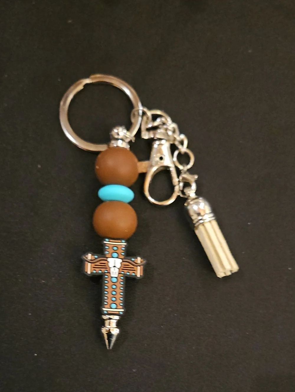Beaded Cross Keychain with Turquoise Accents